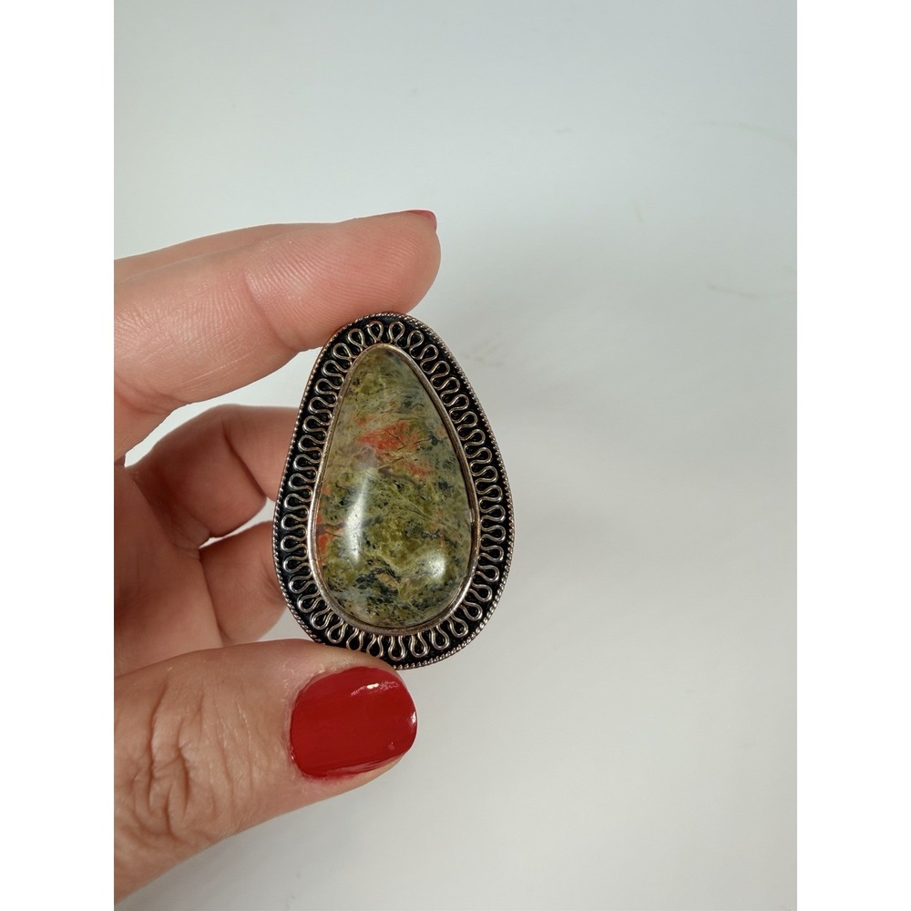 Unakite Statement Ring Elegant Green and Red Stone‎ Size 7.75 Teardrop Shape